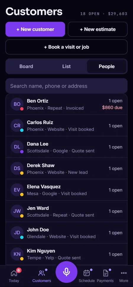 Vesaya's Customers list: every customer with their city, where they came from (website, Google, Yelp, referral) and their open jobs or money due.