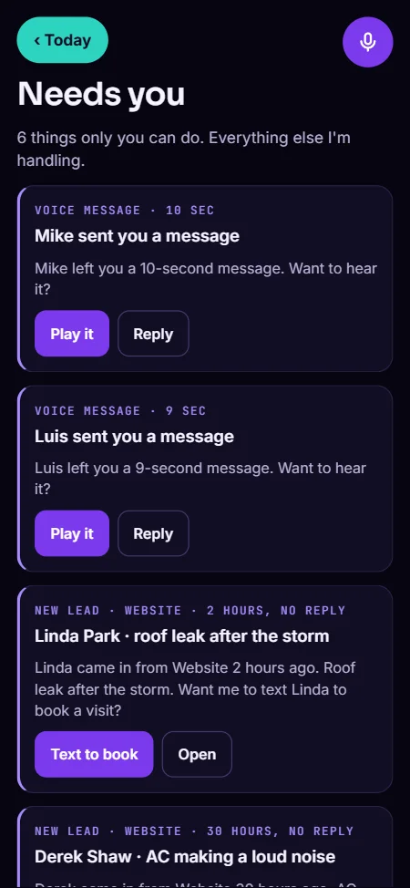 Vesaya's Needs you list: only the things the owner has to decide, like crew voice messages to play and new website leads waiting for a reply, each with one button.
