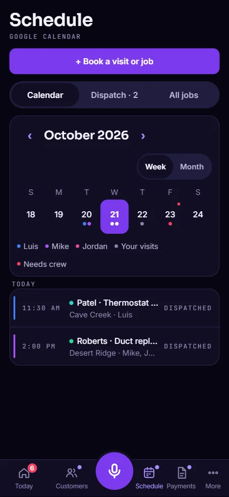 Vesaya's Schedule: the week on a calendar with each crew member's jobs color coded, and today's jobs with their status, like Dispatched.